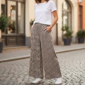 Ces Femme Wide Leg Pants Womens L Brown Leopard Print High Rise Resort Boho Chic